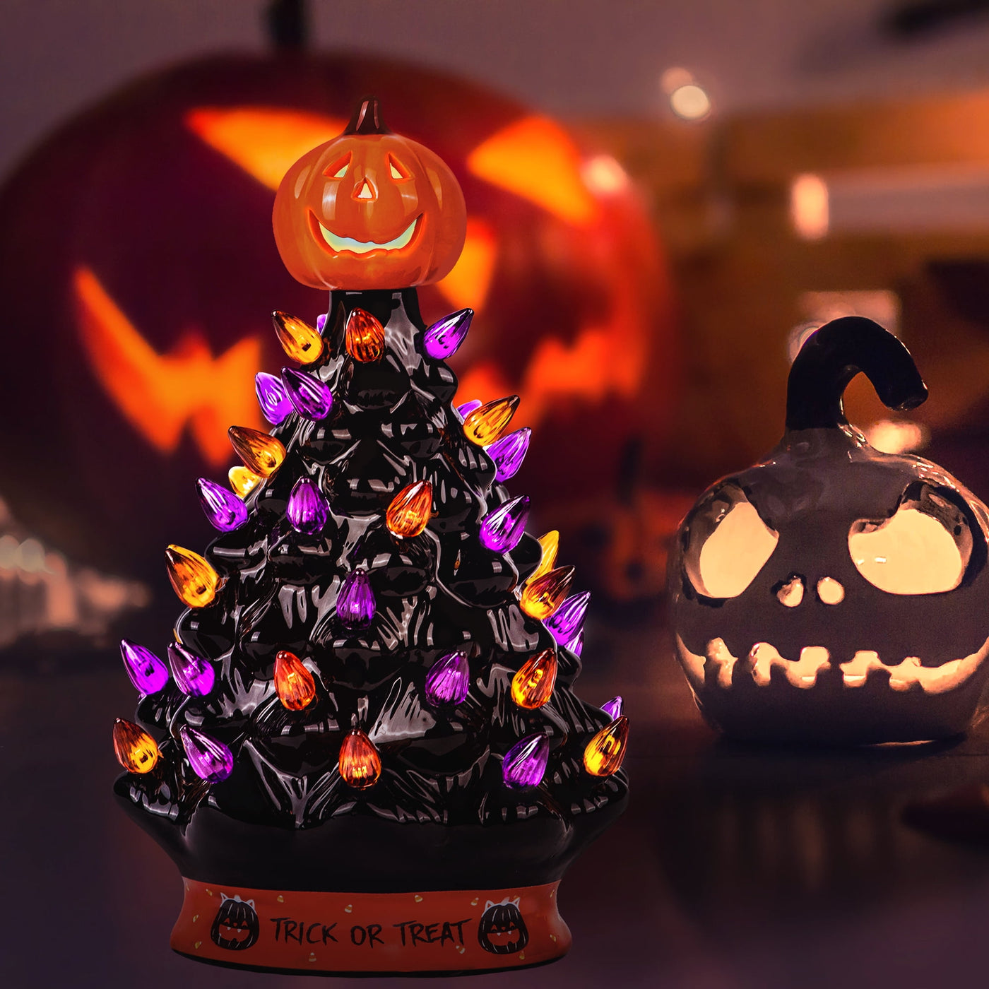 Halloween Legend Ceramic Tree, 9" Handcraft Cordless with Pumpkin Head