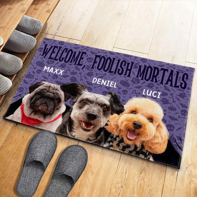 Welcome Foolish Mortals With Dogs And Spooky Background, Personalized Custom Doormat, Gift For Dog Lovers